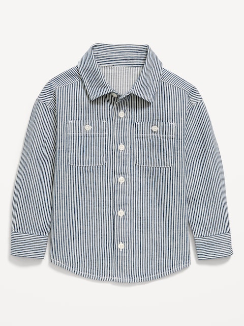 Oversized Long-Sleeve Striped Utility Shirt for Toddler Boys