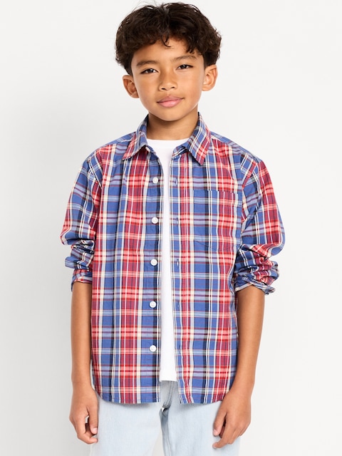 Long-Sleeve Plaid Poplin Pocket Shirt for Boys