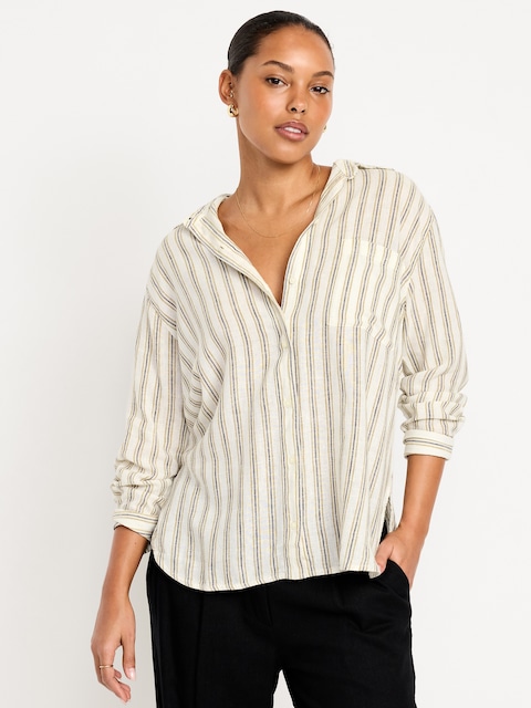 Linen-Blend Loose Button-Down Shirt