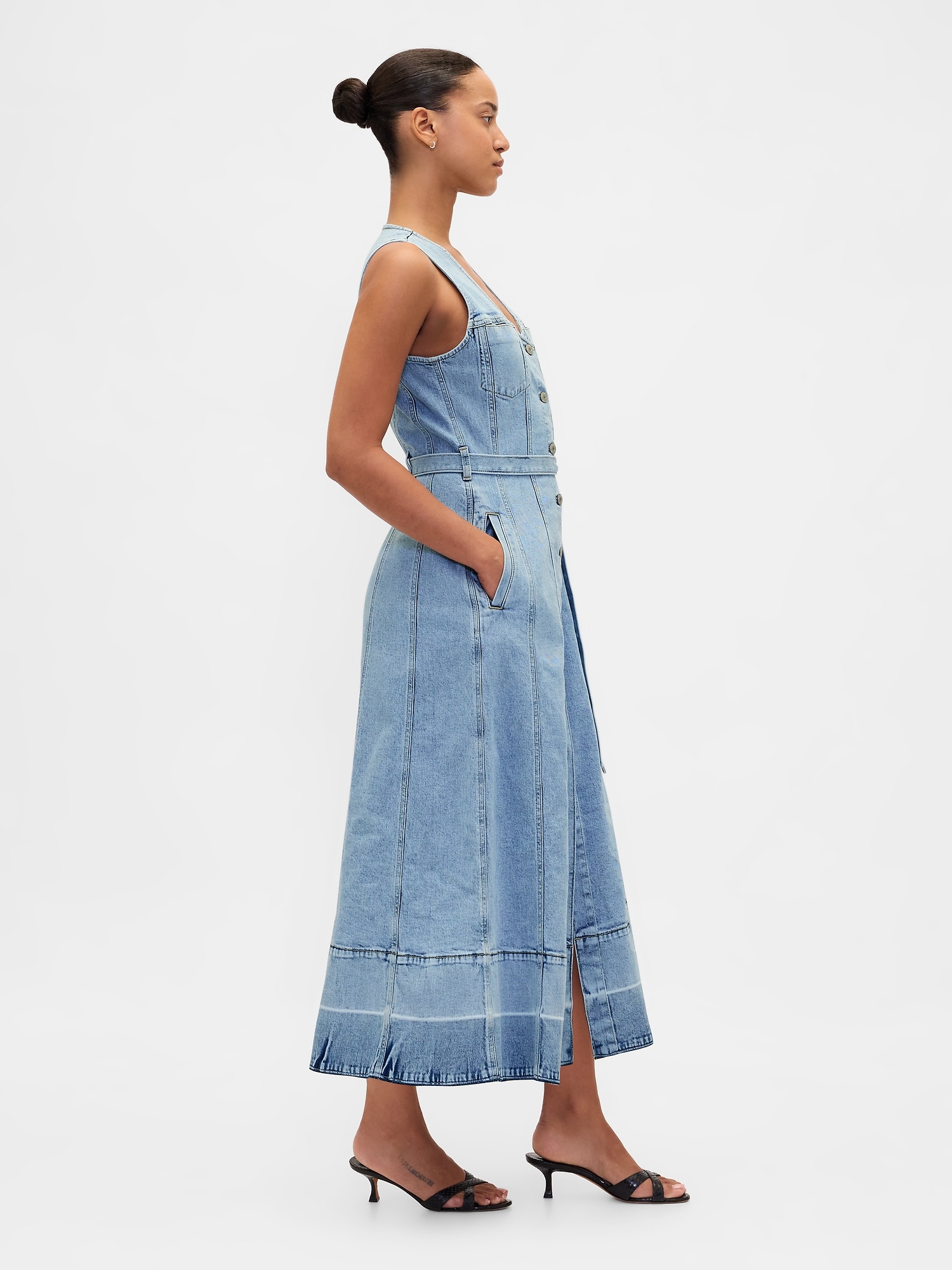 Denim Tie-Belt Button-Front Maxi Dress