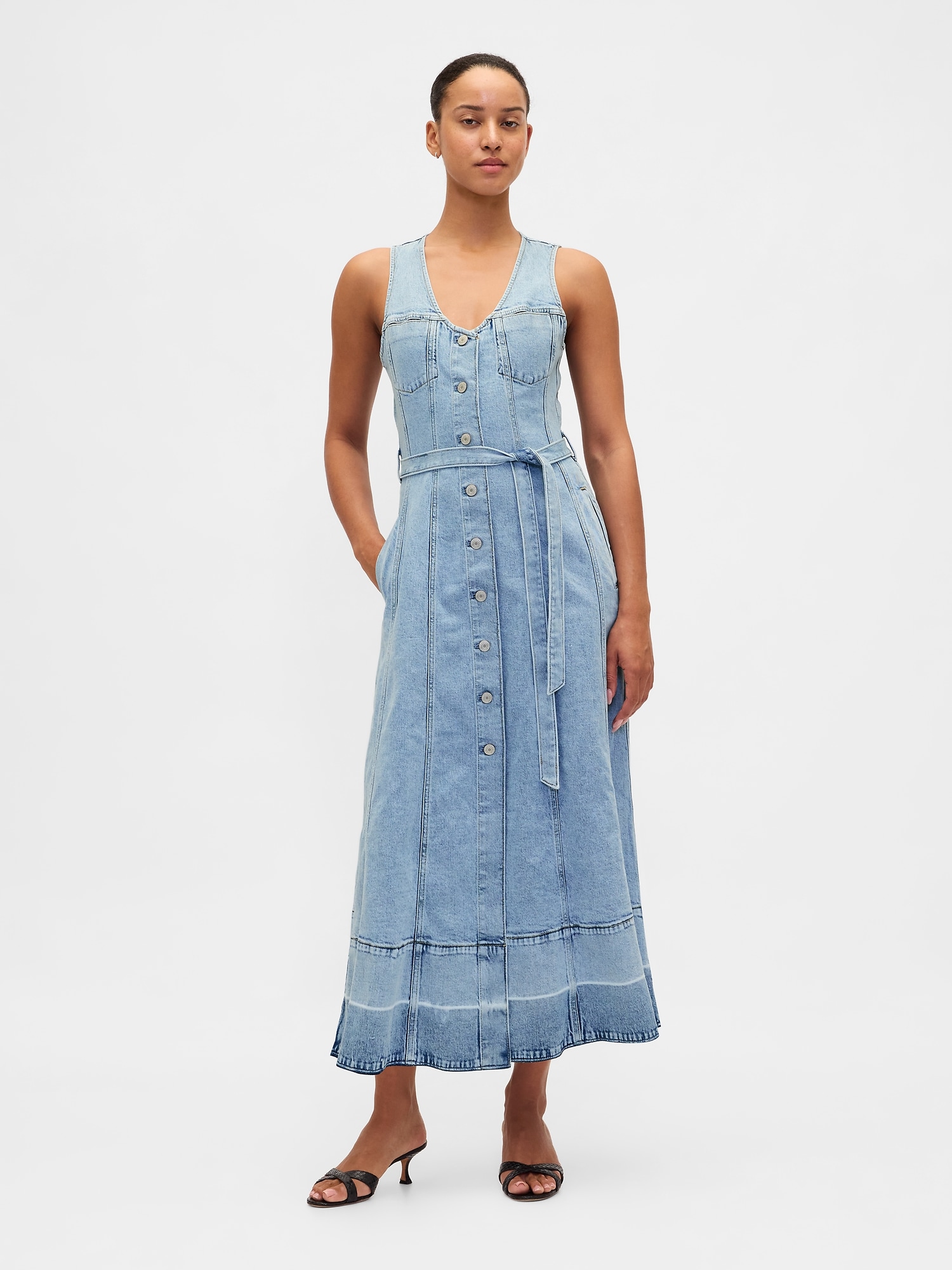 Denim Belted Button-Front Maxi Dress