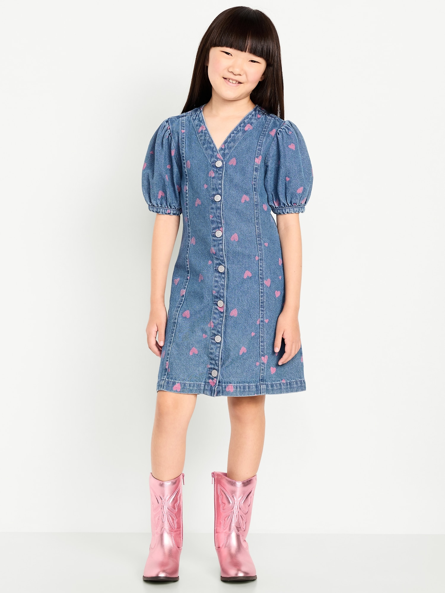 ROBE AJUSTÉE ET ÉVASÉE À MANCHES COURTES EN DENIM À MOTIF POUR TOUTE-PETITE FILLE