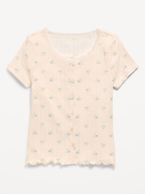 Printed Short-Sleeve Lace-Trim Button-Front Top for Girls