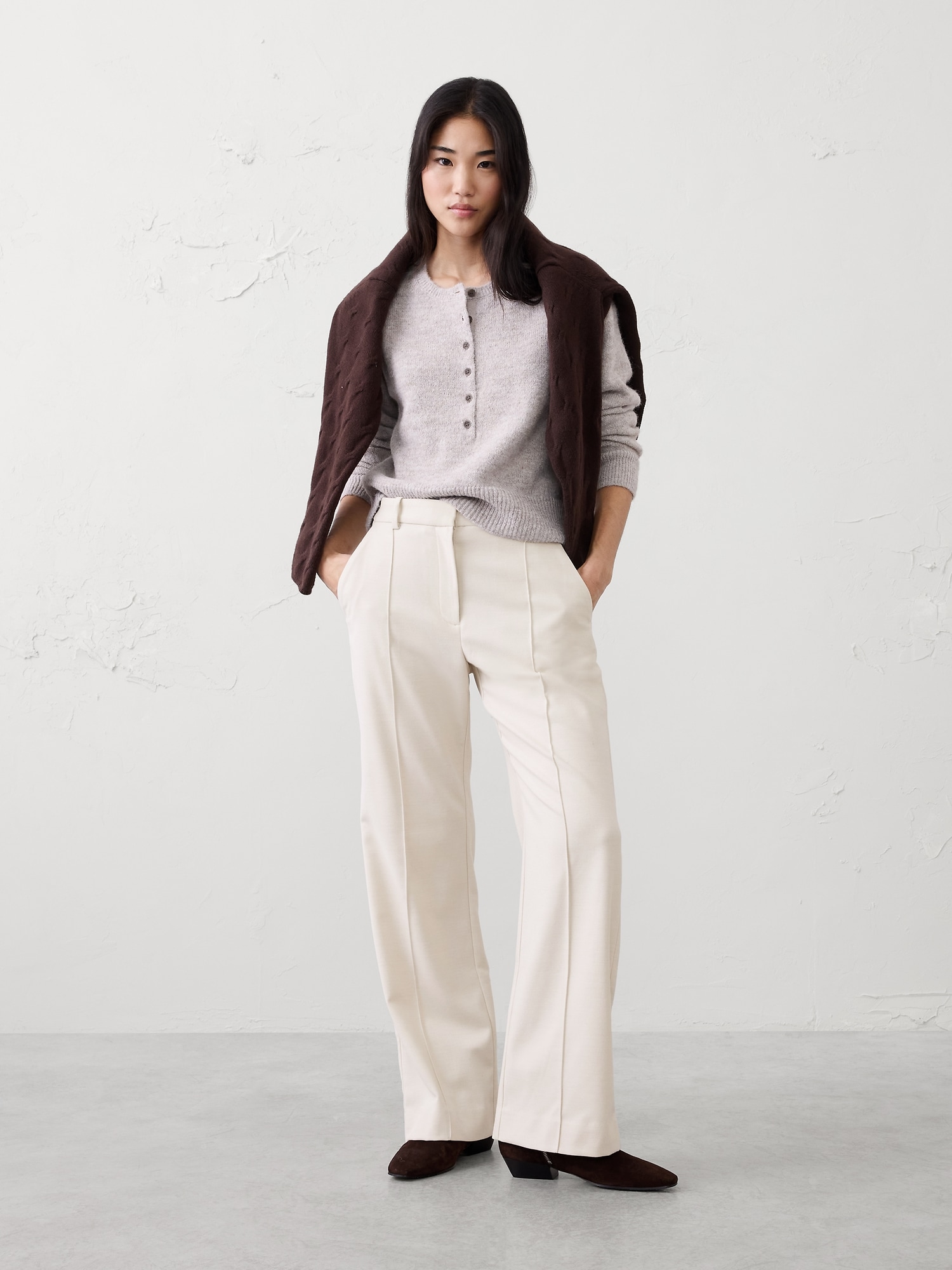 Wide-Leg High-Rise Brushed Pintuck Trouser