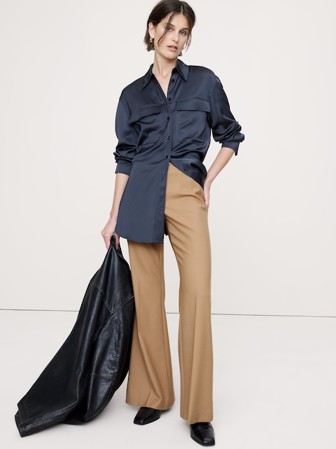 PANTALON ÉVASÉ À TAILLE MI-BASSE EN MÉLANGE DE LAINE EXTENSIBLE