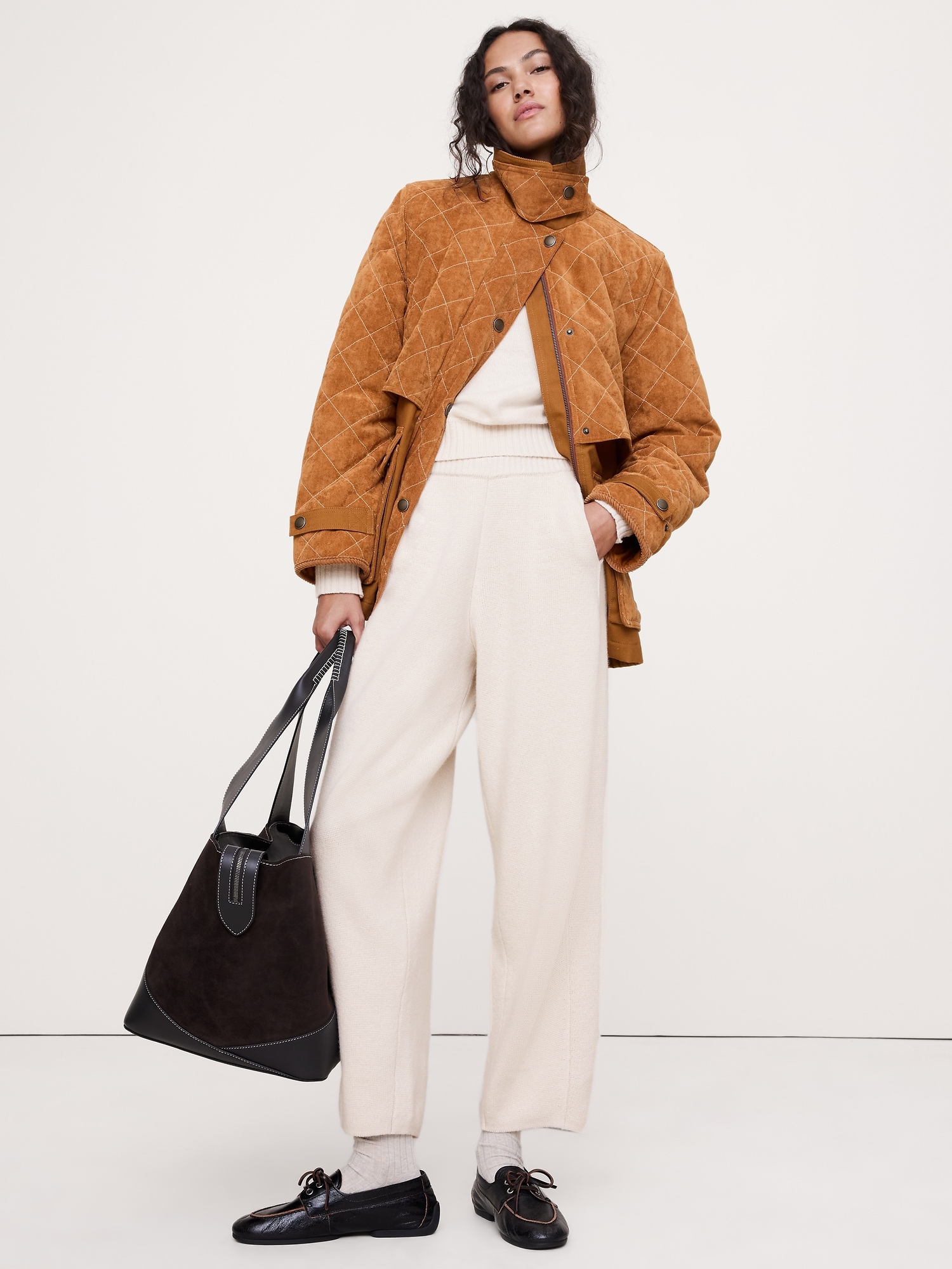 PANTALON À COUPE BARIL EN TRICOT DE COTON ET LAINE MÉRINOS