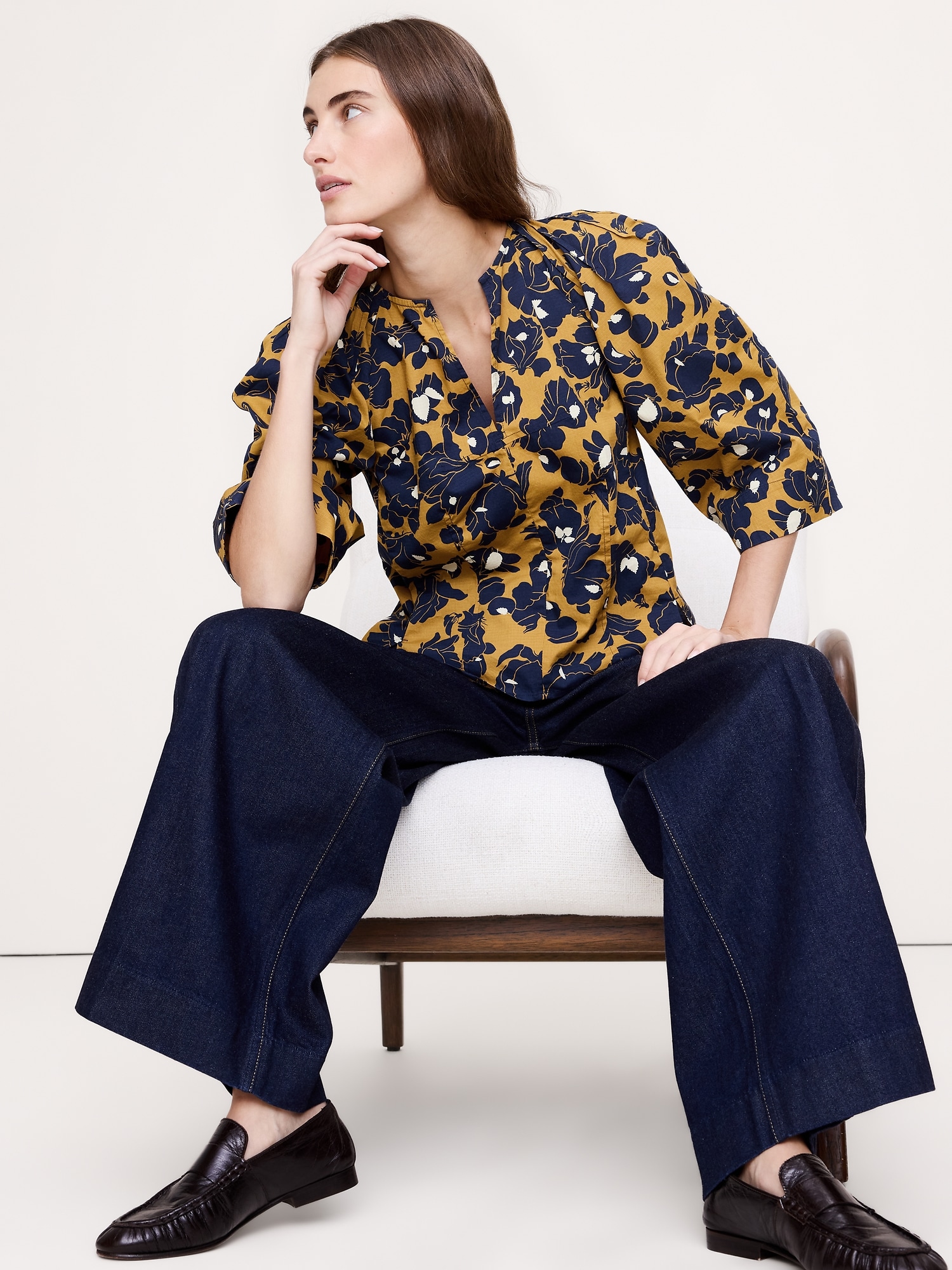 ストレッチ コットン ボリュームスリーブ トップス-0