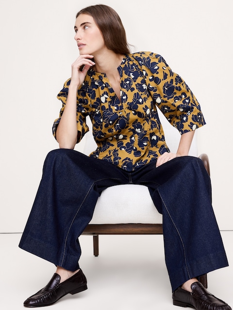 Stretch-Cotton Volume-Sleeve Top