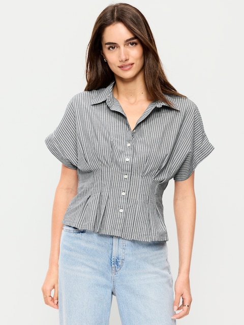 Slim Short-Sleeve Cinched-Waist Button-Down Shirt