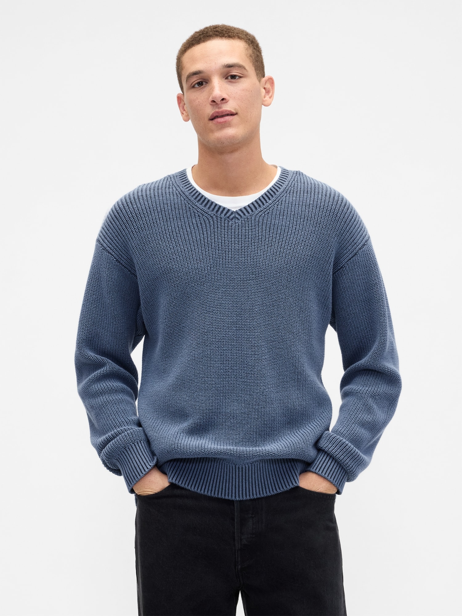 Relaxed Ribbed V-Neck Sweater