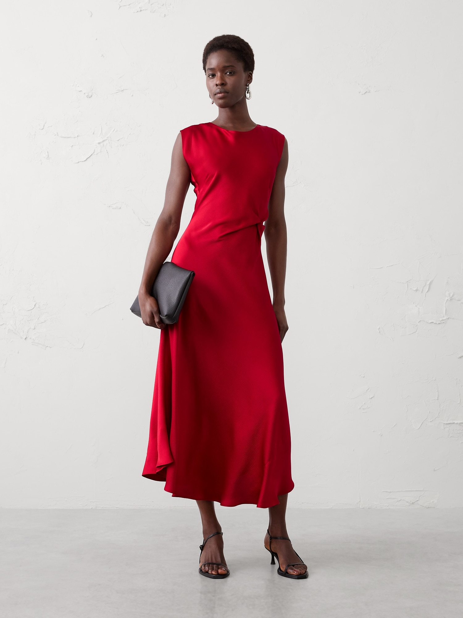 Boatneck Twist-Front Satin Midi Dress