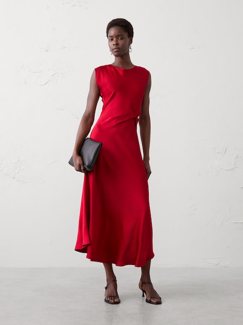 Boatneck Twist-Front Satin Midi Dress