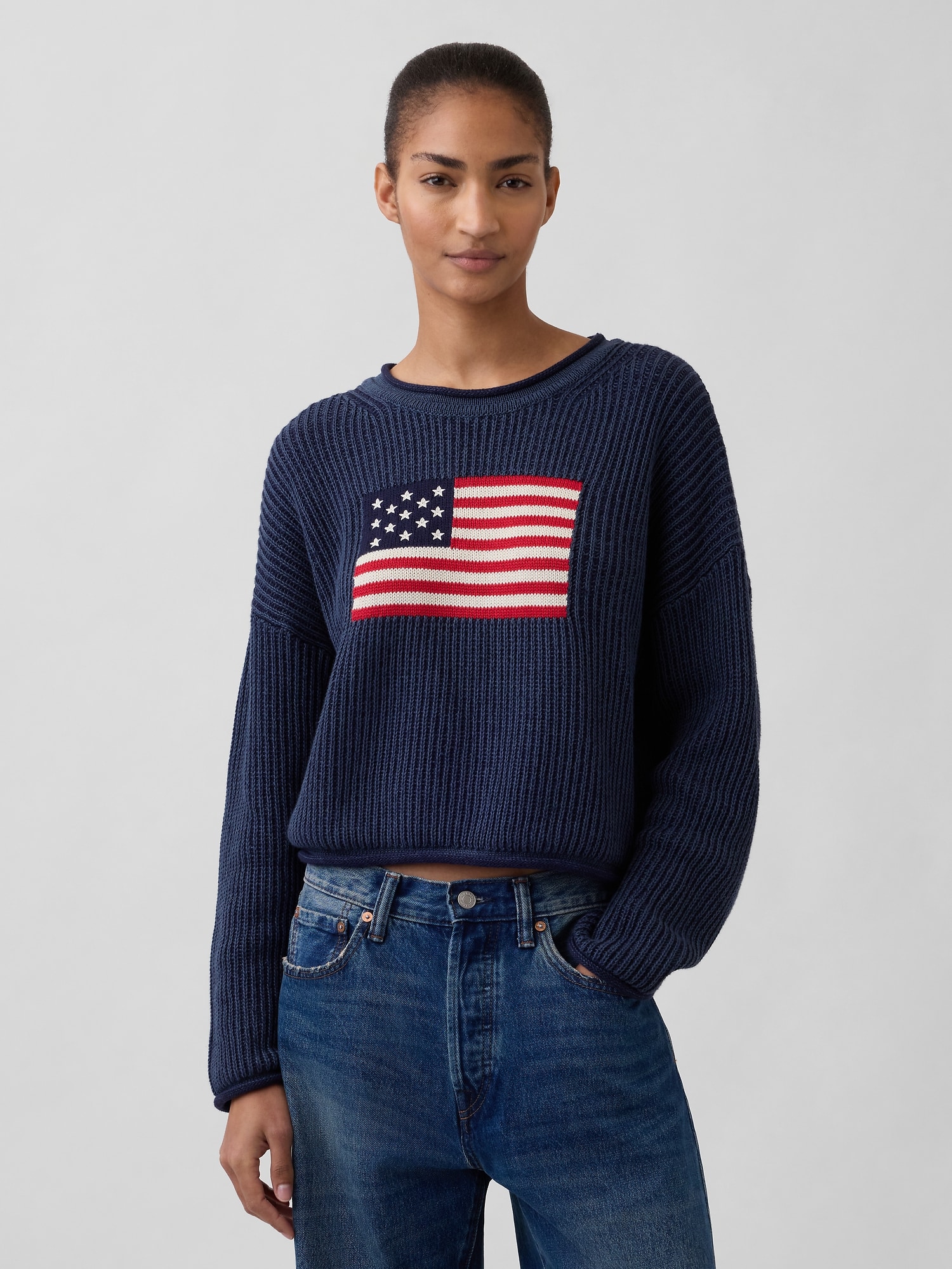 100% Cotton Oversized Crop Americana Sweater