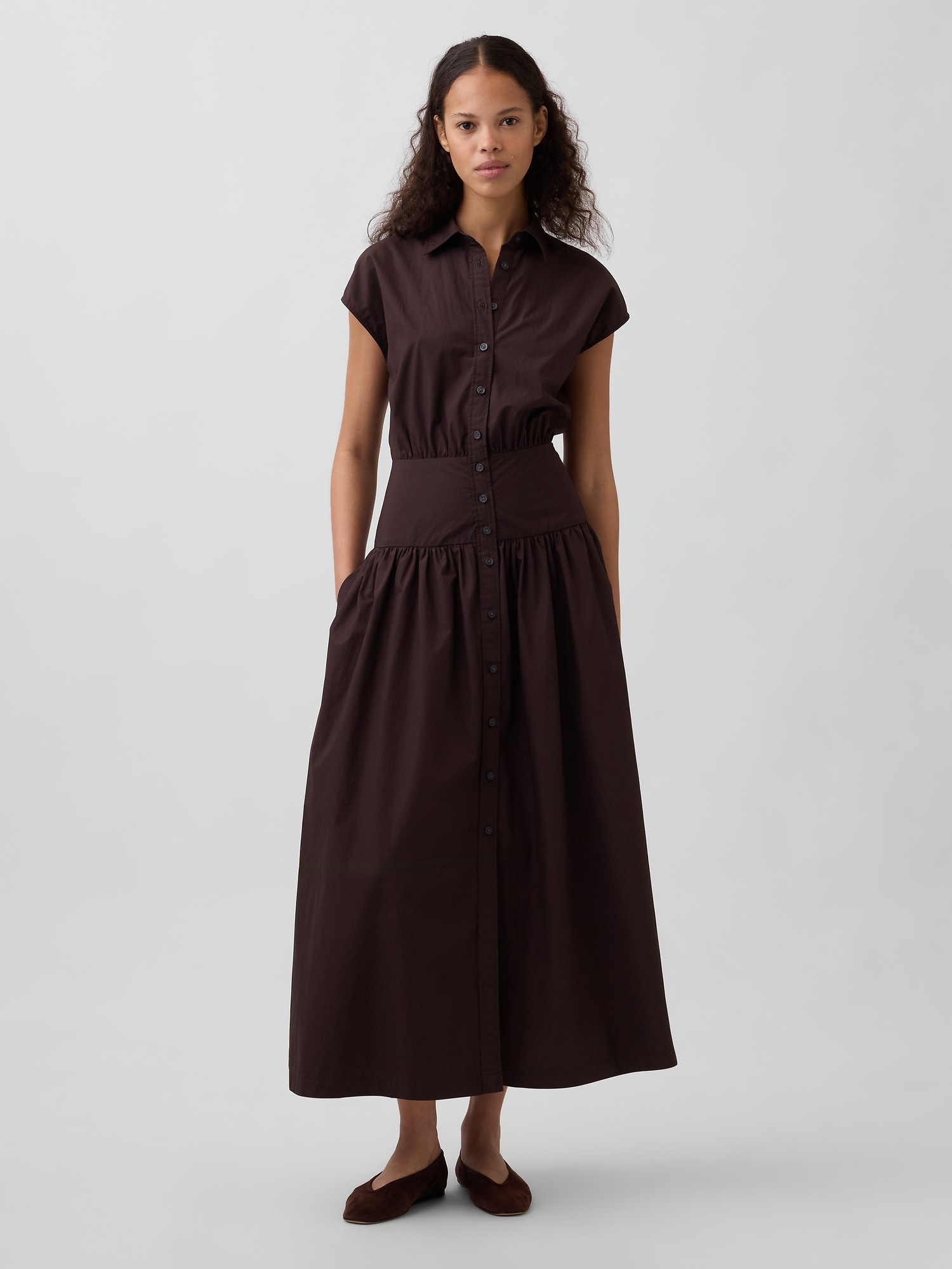 Poplin Drop-Waist Maxi Shirtdress