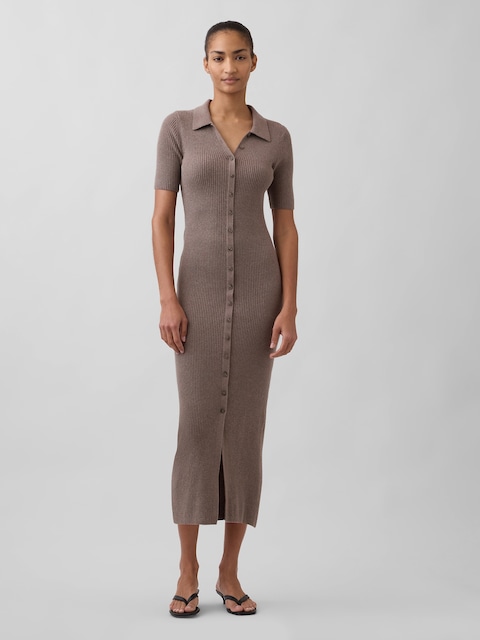 CashSoft Rib Collared Midi Cardigan Dress