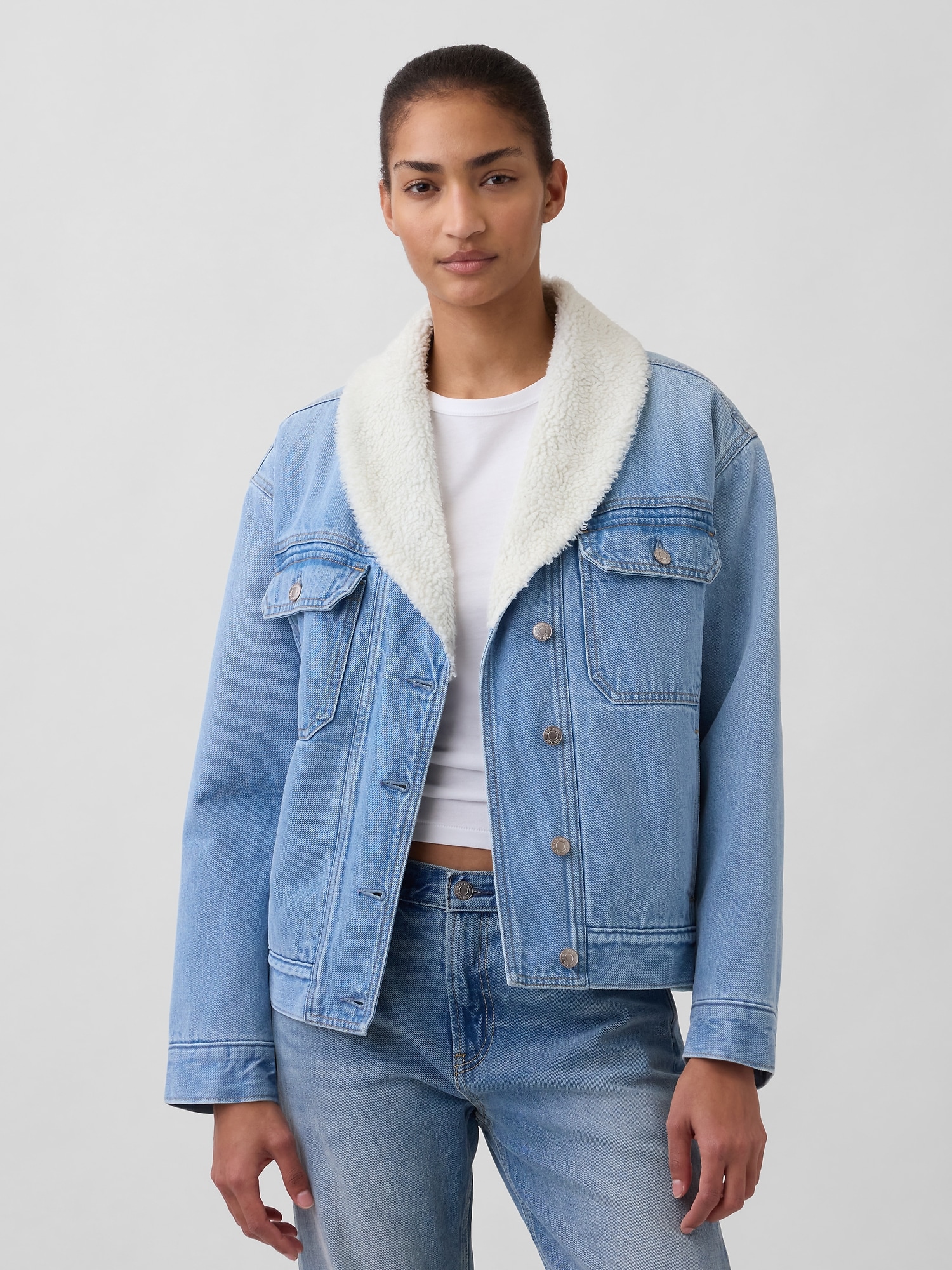 VESTE À COL CHÂLE EN DENIM À DOUBLURE EN SHERPA