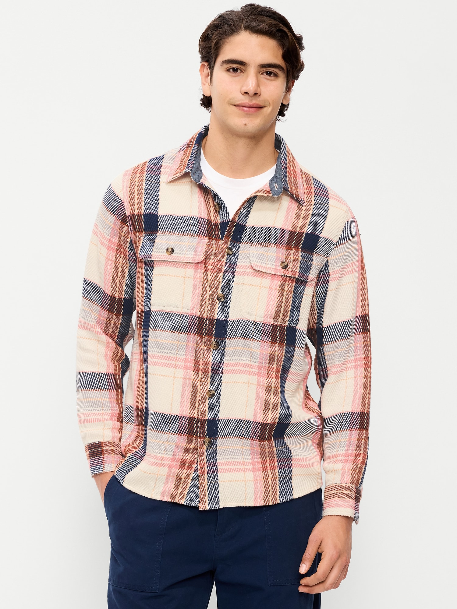 Loose Fit Textured Plaid Pocket Shirt