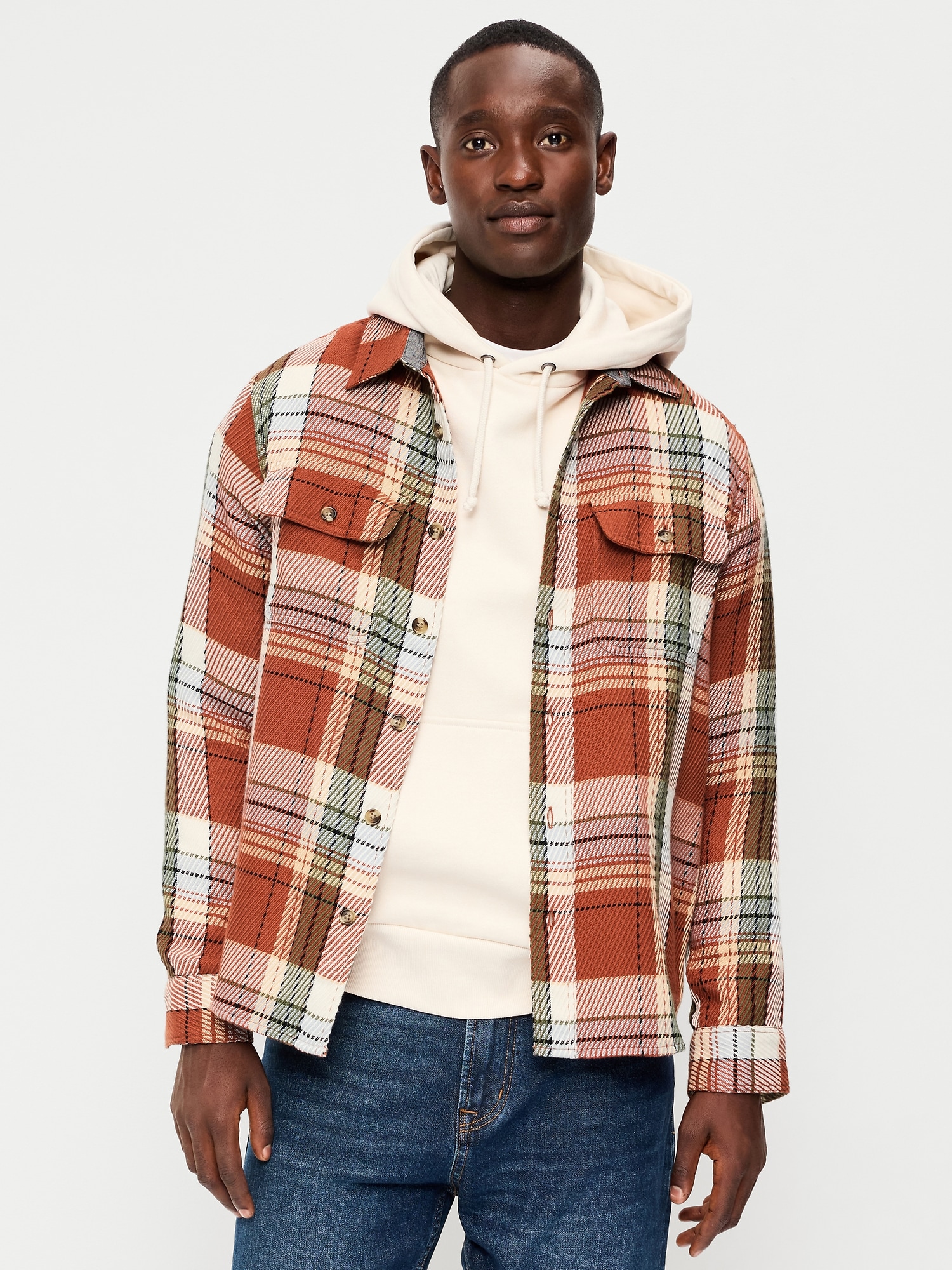 Loose Fit Textured Plaid Pocket Shirt