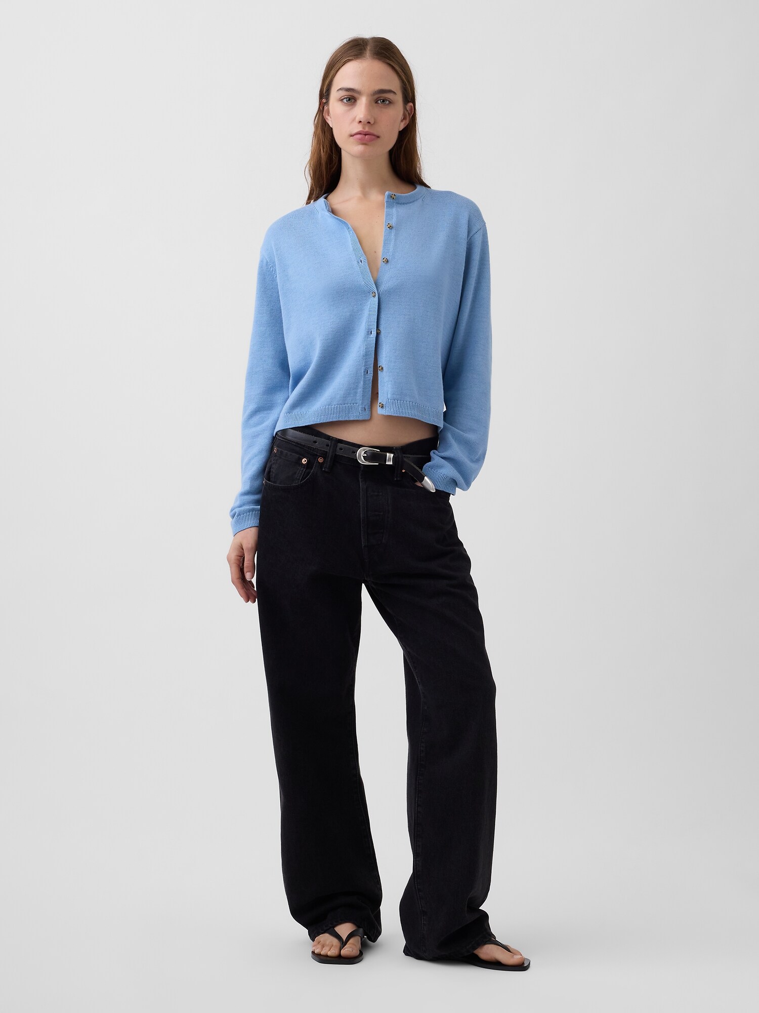 コットン100% リラックスフィット クロップド ニットカーディガン-1