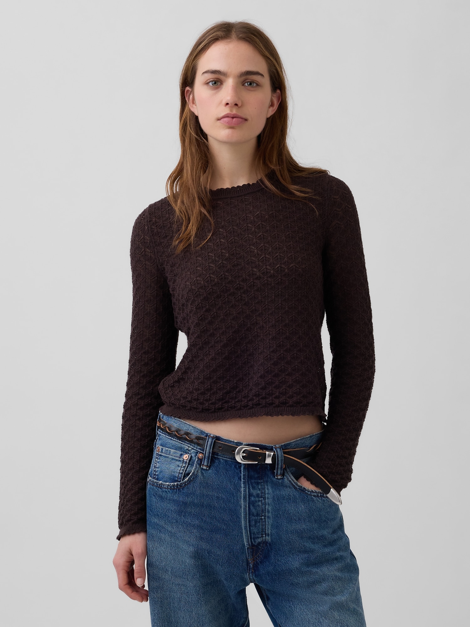 100% Cotton Pointelle Crop Sweater