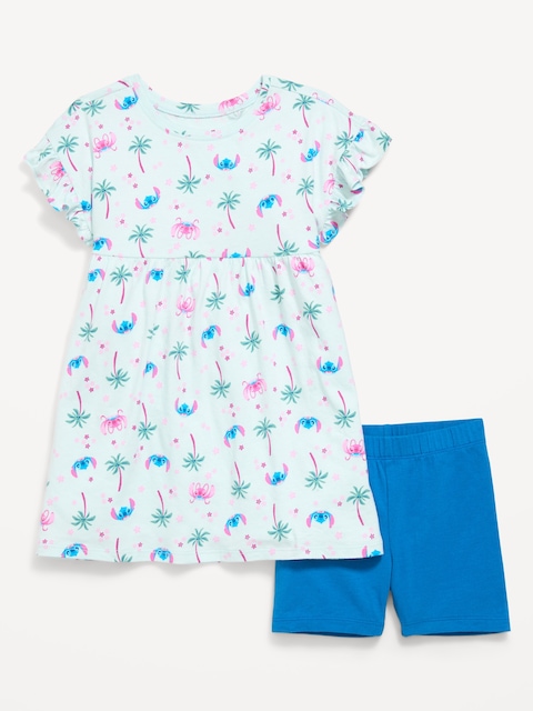 Disney© Ruffled Short-Sleeve Dress and Biker Shorts Set for Toddler Girls
