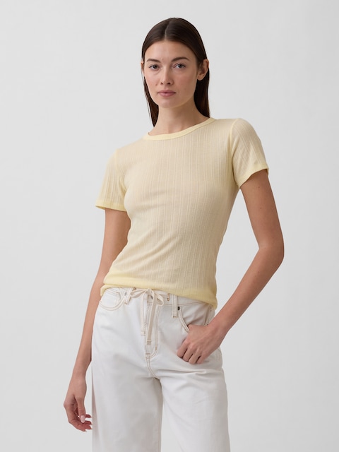 Ribbed Pointelle Crewneck T-Shirt