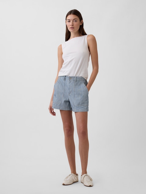 4" Mid Rise Stripe Soft Denim Utility Shorts