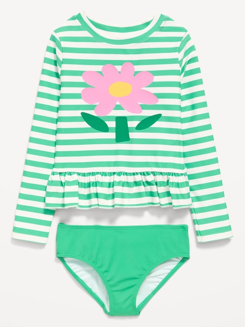 Printed Long-Sleeve Rashguard Swim Top Set for Toddler Girls