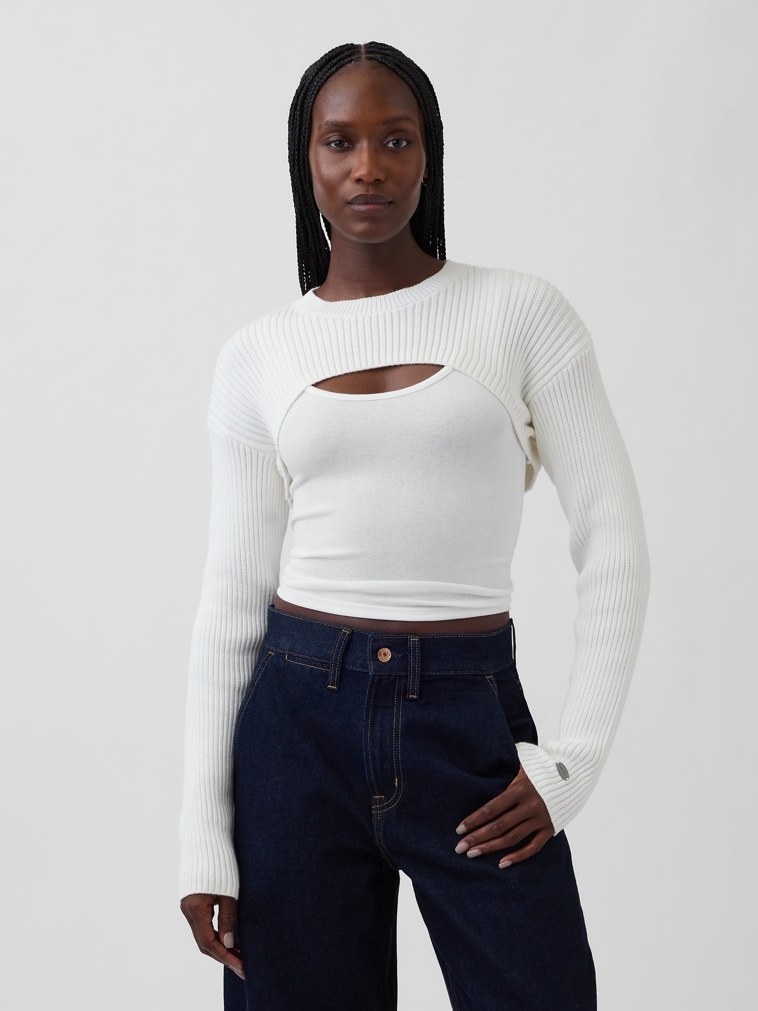 コットン100% リラックスフィット リブ ボレロセーター-0