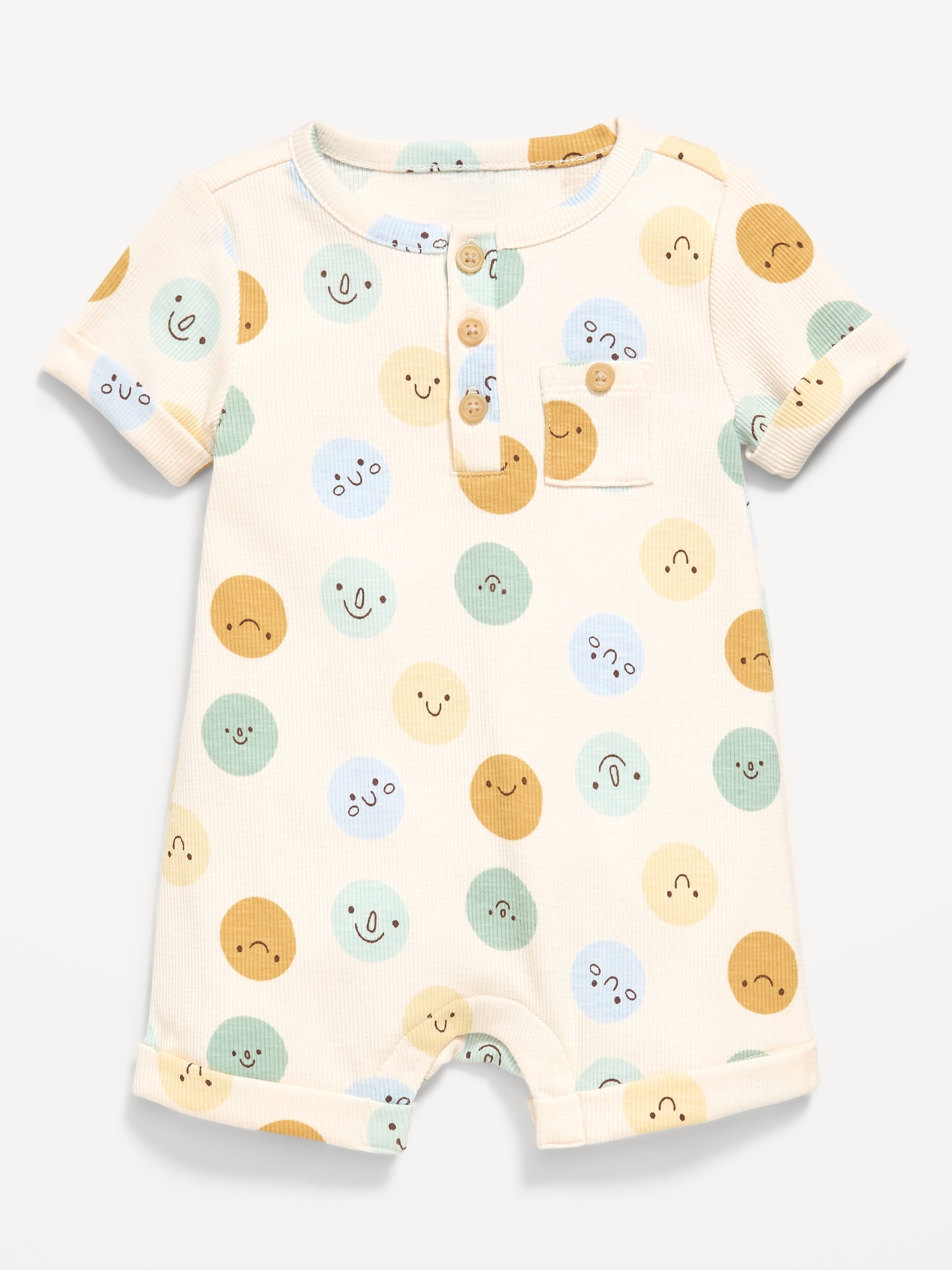 Printed Ribbed Henley Pocket One-Piece Romper for Baby