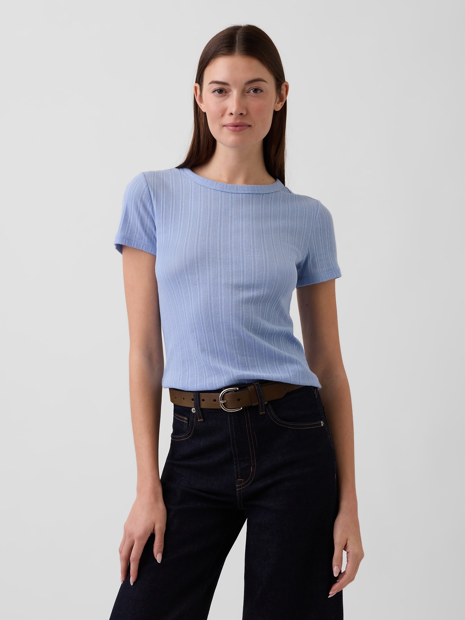 Ribbed Pointelle Crewneck T-Shirt