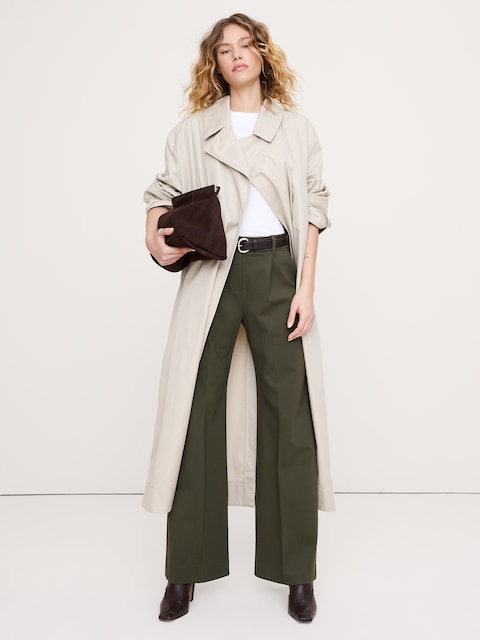 PANTALON À TAILLE HAUTE ÉLASTIQUE, JAMBE LARGE, EN TRICOT POINT DE ROME FLUIDE
