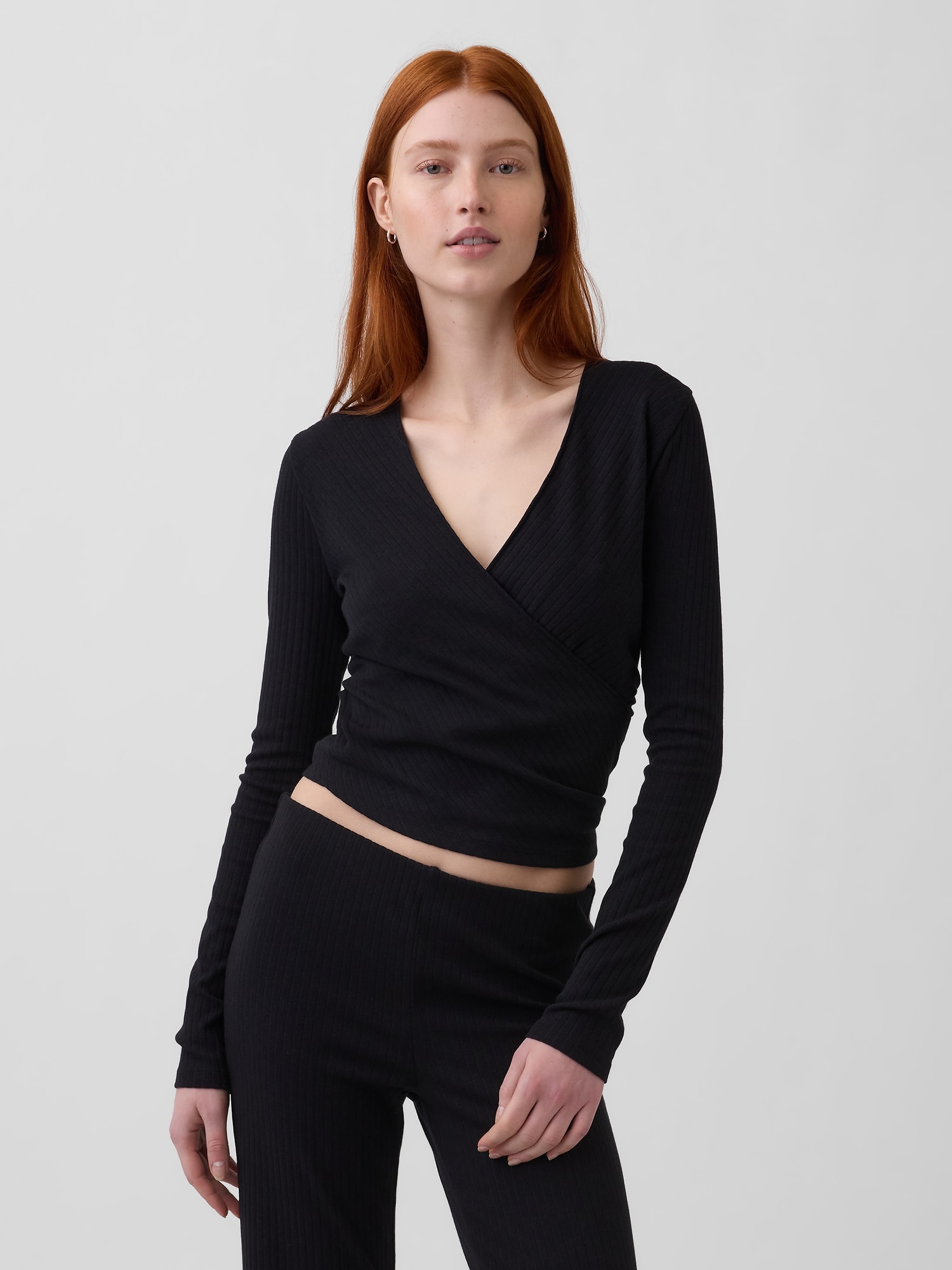 モダン ワイドリブ ラップ VネックTシャツ-0