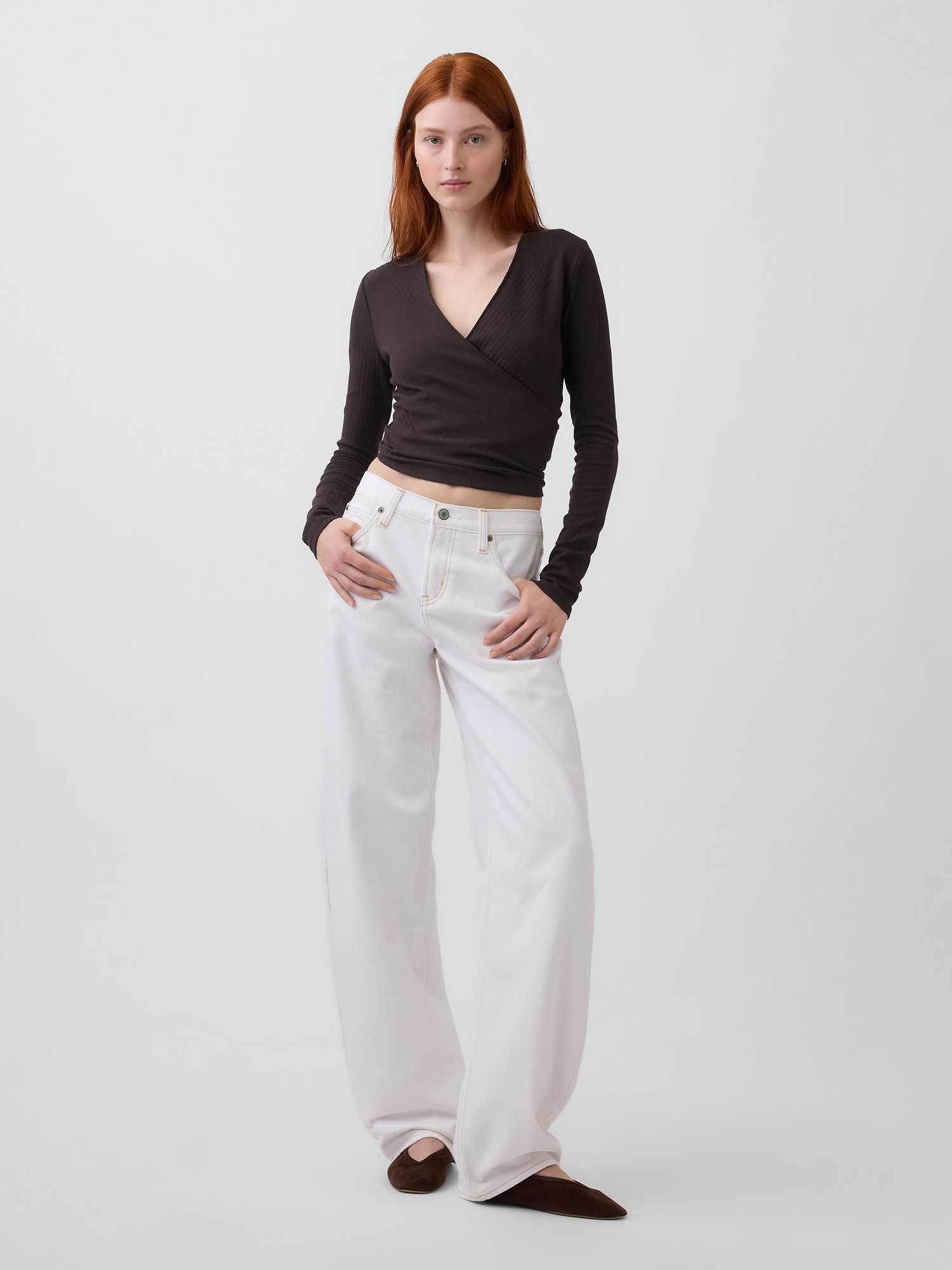 モダン ワイドリブ ラップ VネックTシャツ-1