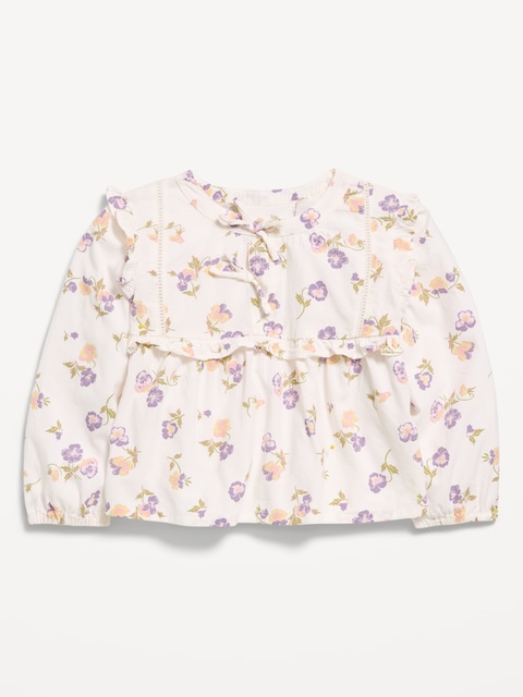 Long-Sleeve Crinkle Lace-Trim Top for Toddler Girls