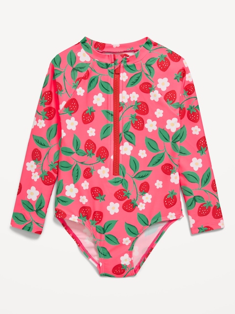 Printed Zip-Front Rashguard One-Piece Swimsuit for Toddler Girls