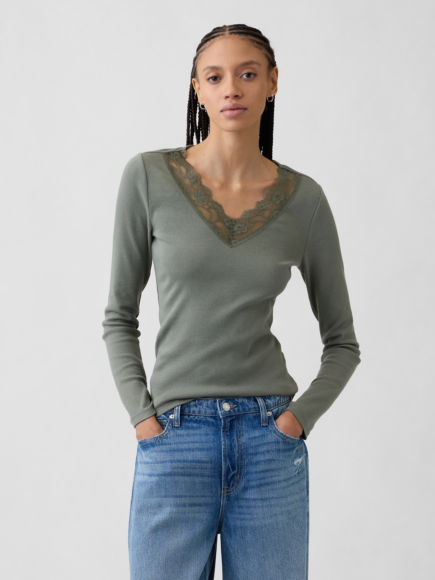 Ribbed Lace-Trim Top