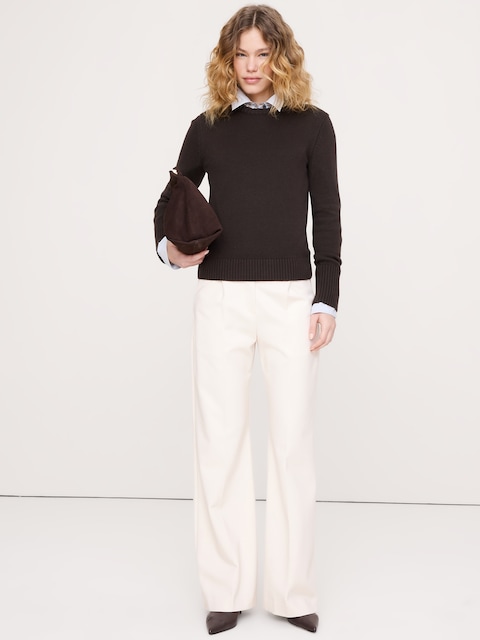 PANTALON À TAILLE HAUTE ÉLASTIQUE, JAMBE LARGE, EN TRICOT POINT DE ROME FLUIDE