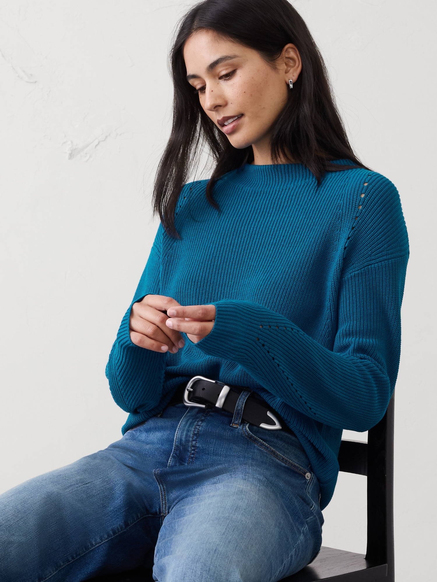 Pointelle Ribbed Pullover Sweater