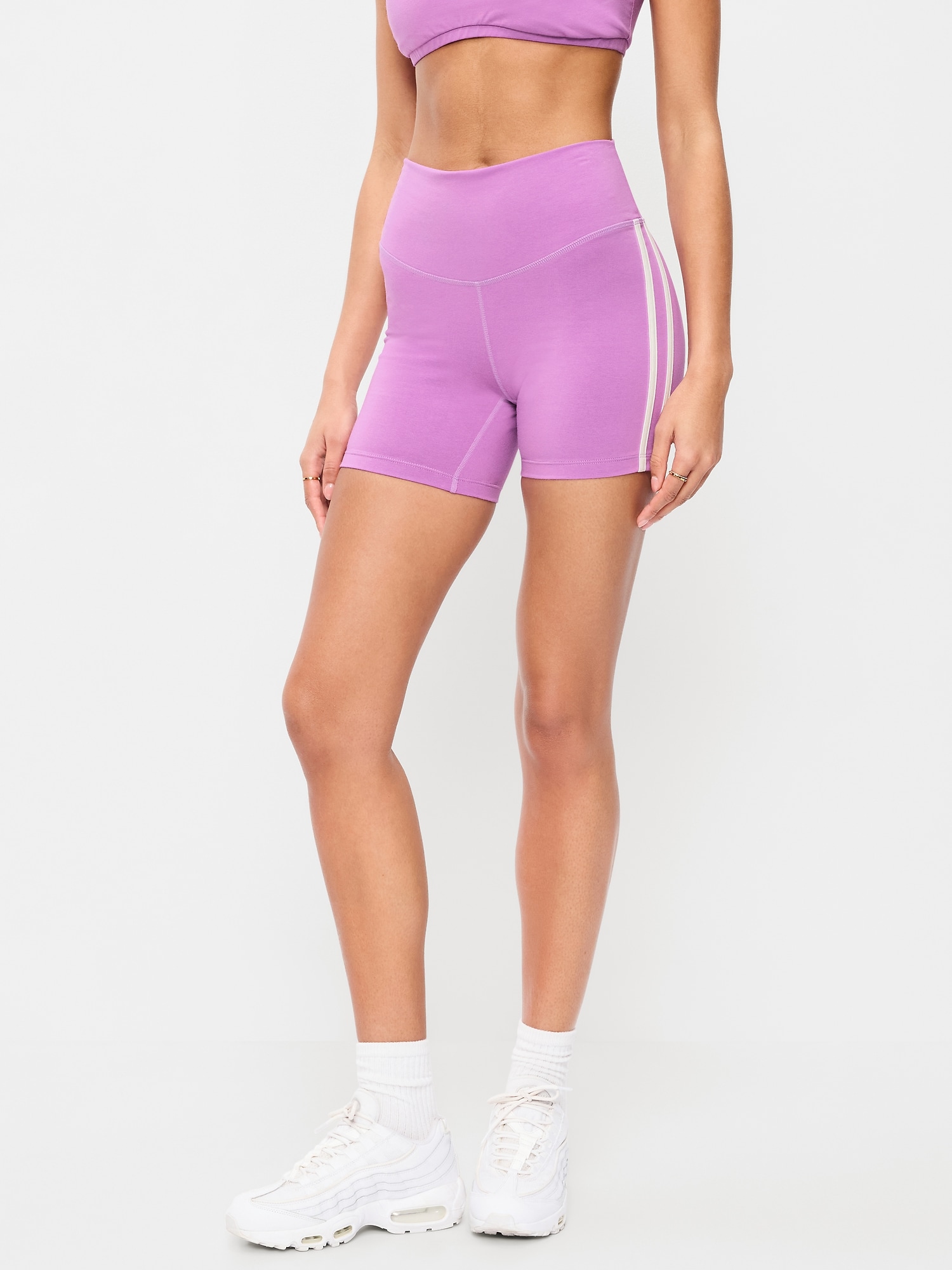 High-Waisted PowerChill Side-Stripe Biker Shorts -- 5-inch inseam