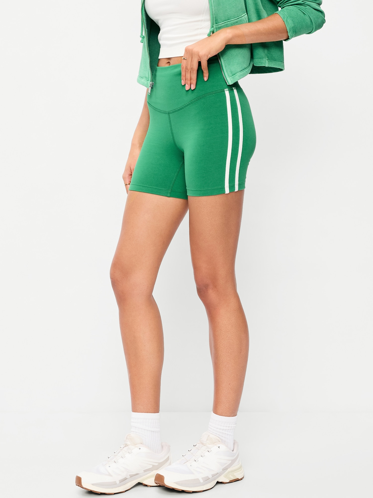 High-Waisted PowerChill Side-Stripe Biker Shorts -- 5-inch inseam