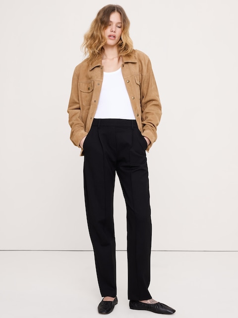 PANTALON À TAILLE HAUTE EXTENSIBLE, JAMBE FUSELÉE, EN TRICOT POINT DE ROME FLUIDE