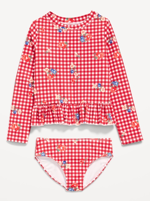 Printed Long-Sleeve Rashguard Swim Top Set for Toddler Girls