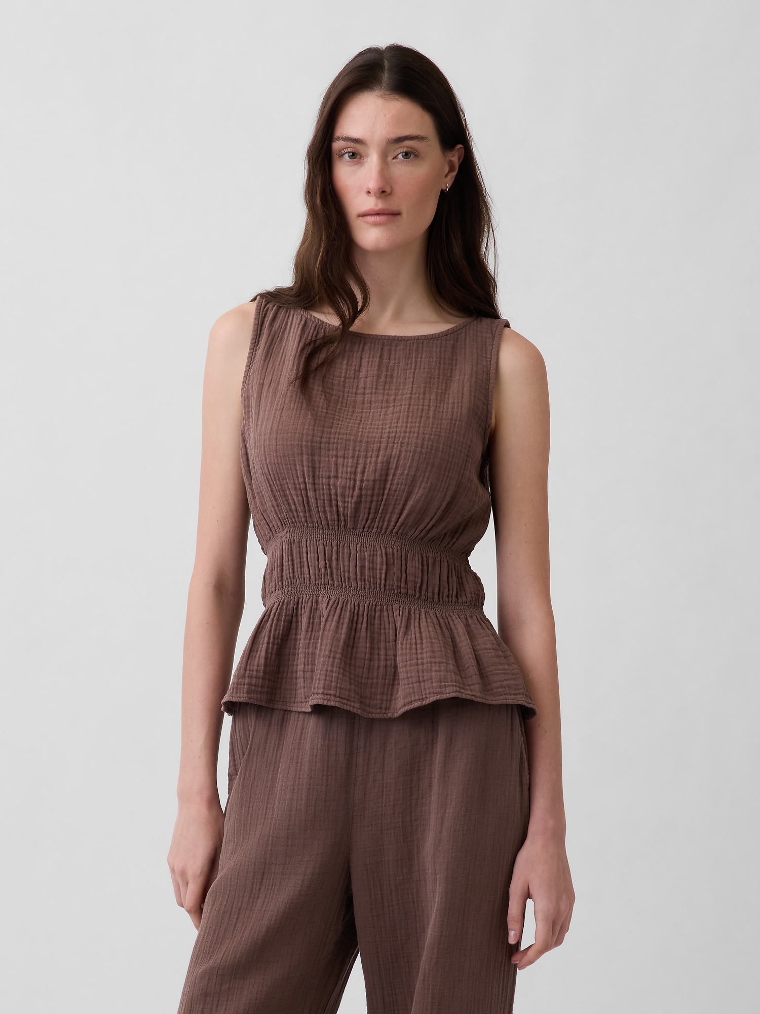 Cotton Gauze Smocked-Waist Peplum Top