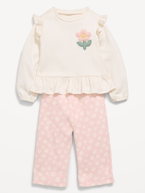 Long-Sleeve Ruffled Top and Wide-Leg Pants Set for Baby