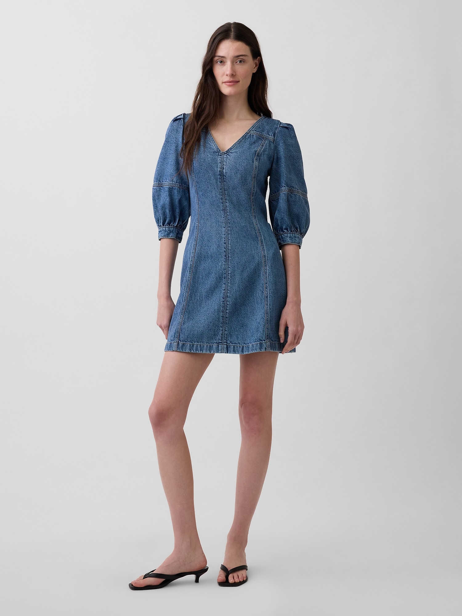 ROBE COURTE À MANCHES BOUFFANTES EN DENIM DOUCEUR SUPRÊME