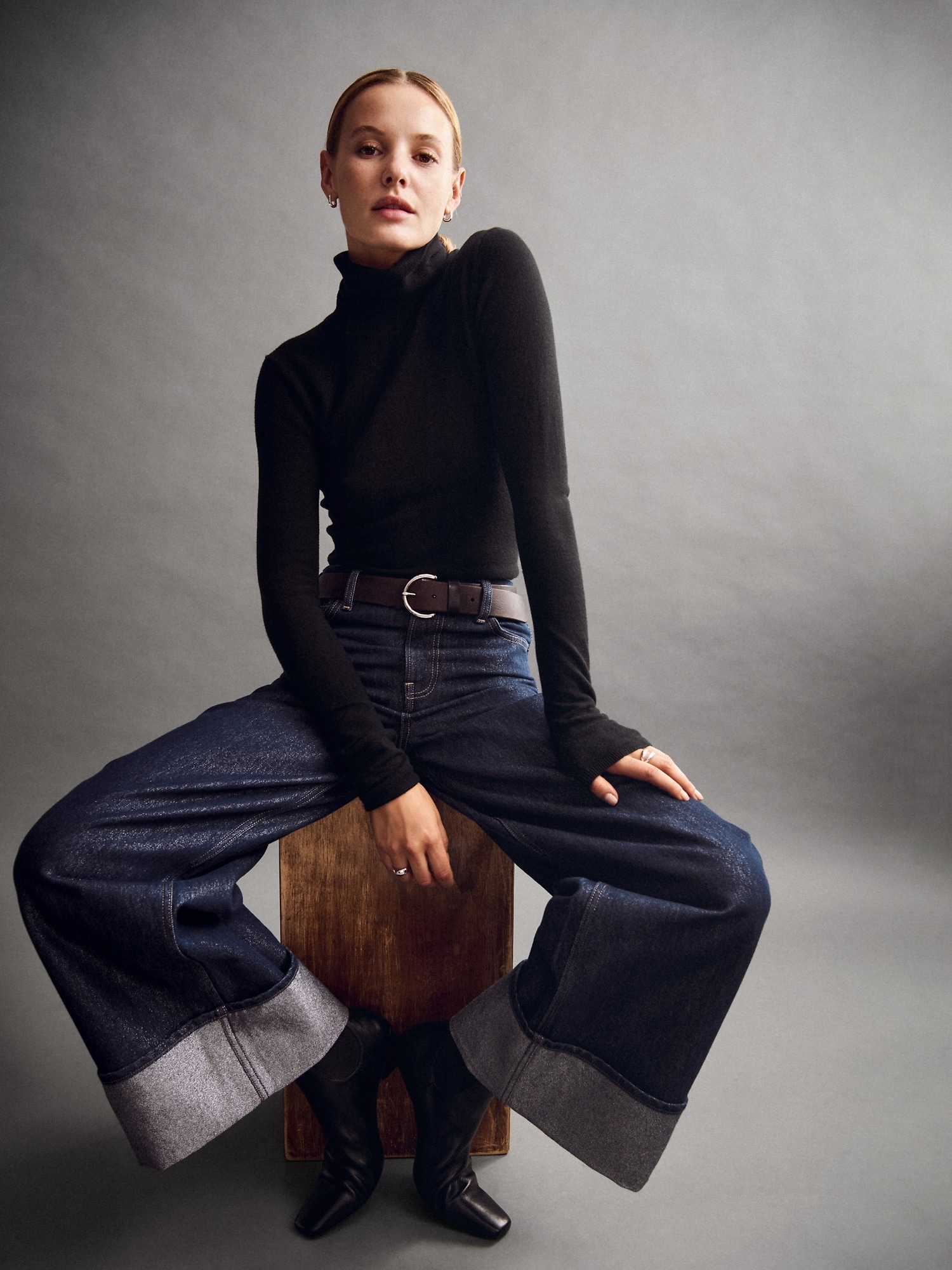 ミッドライズ メタリック ロールアップ バギーデニム-5