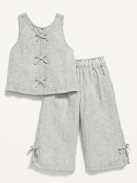Sleeveless Linen-Blend Bow Top and Pants Set for Toddler Girls