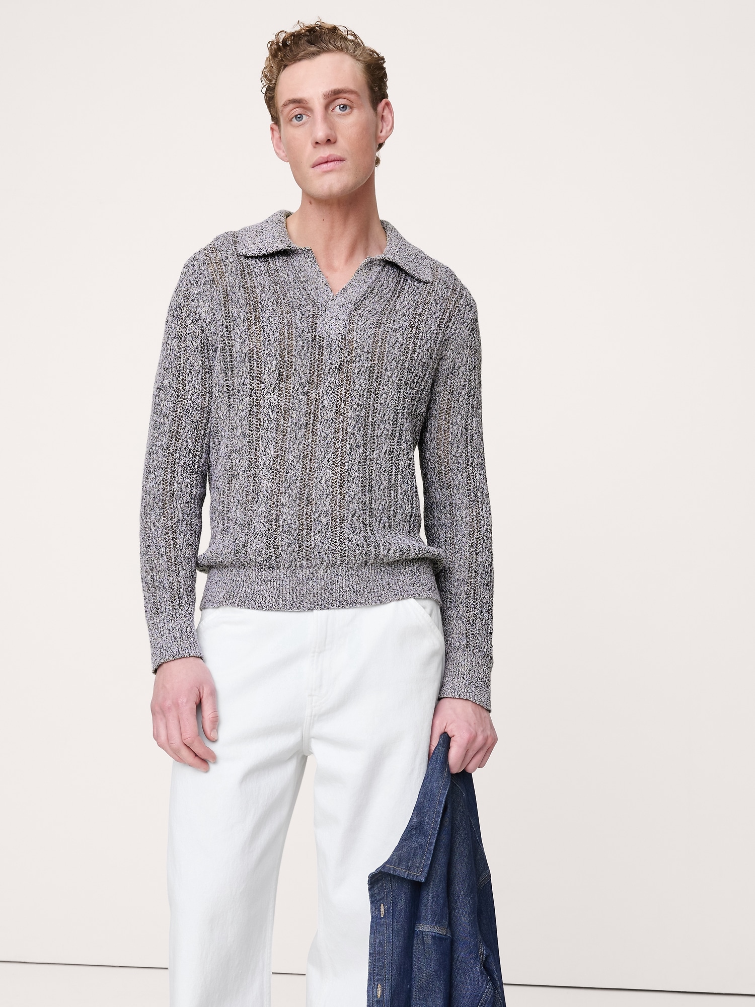 CHANDAIL À COL POLO EN MÉLANGE DE COTON À POINT ZIGZAG