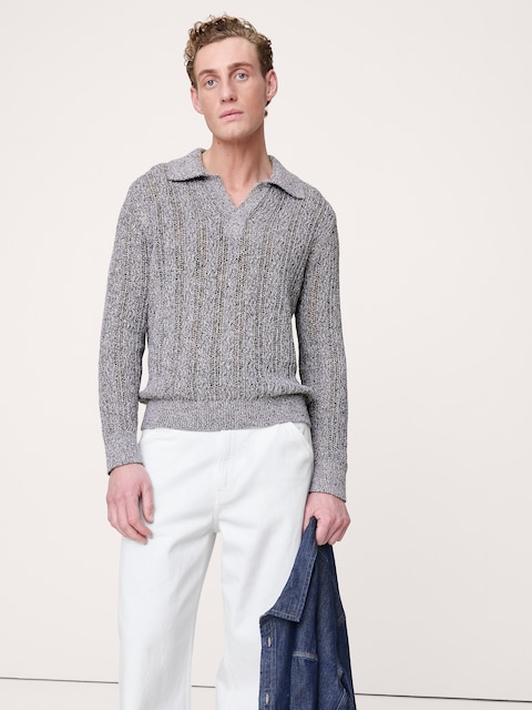 CHANDAIL À COL POLO EN MÉLANGE DE COTON À POINT ZIGZAG
